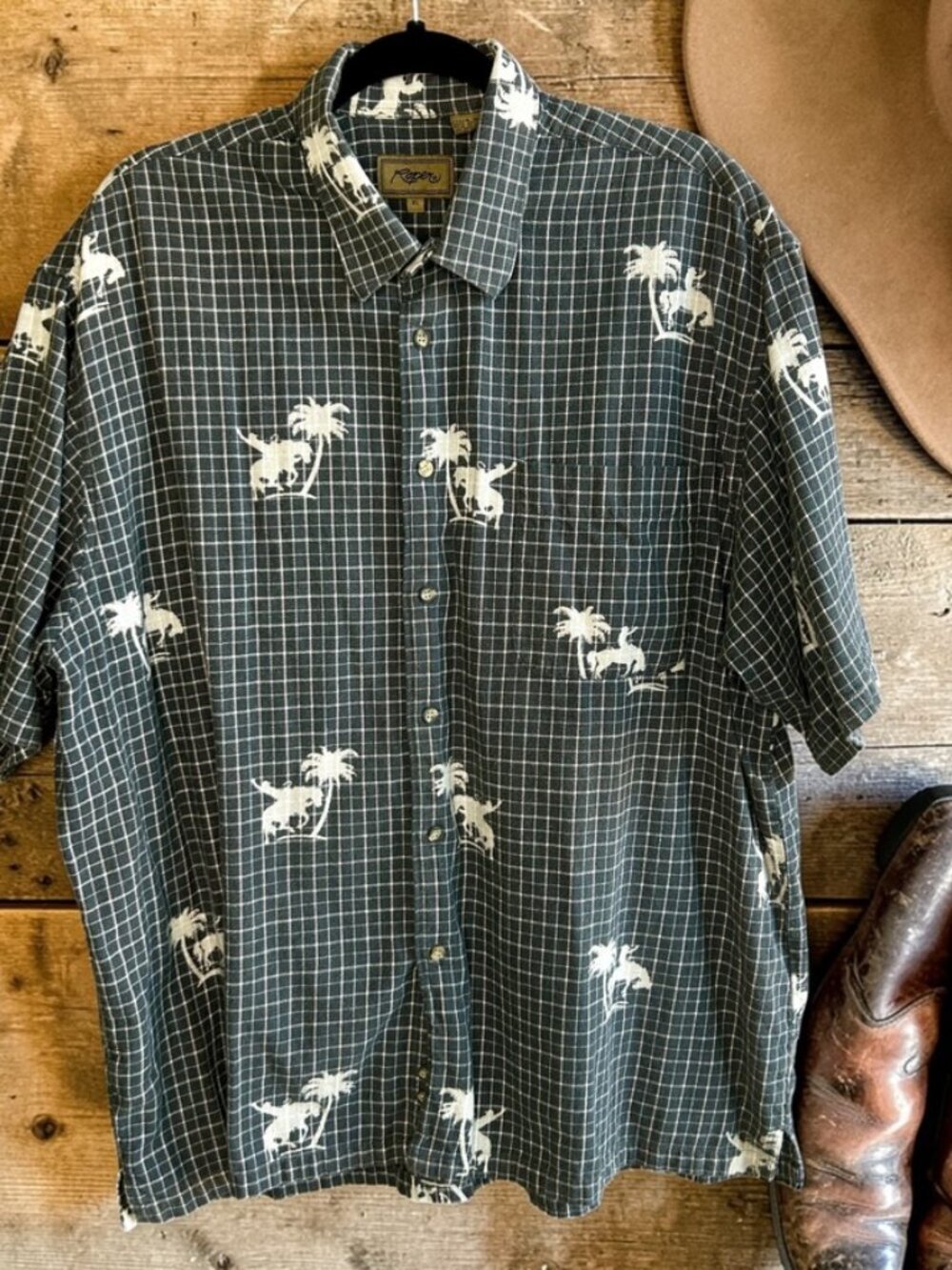 Roper Western Gray Bucking Bronco Plaid Short Sleeve shirt Size XL
